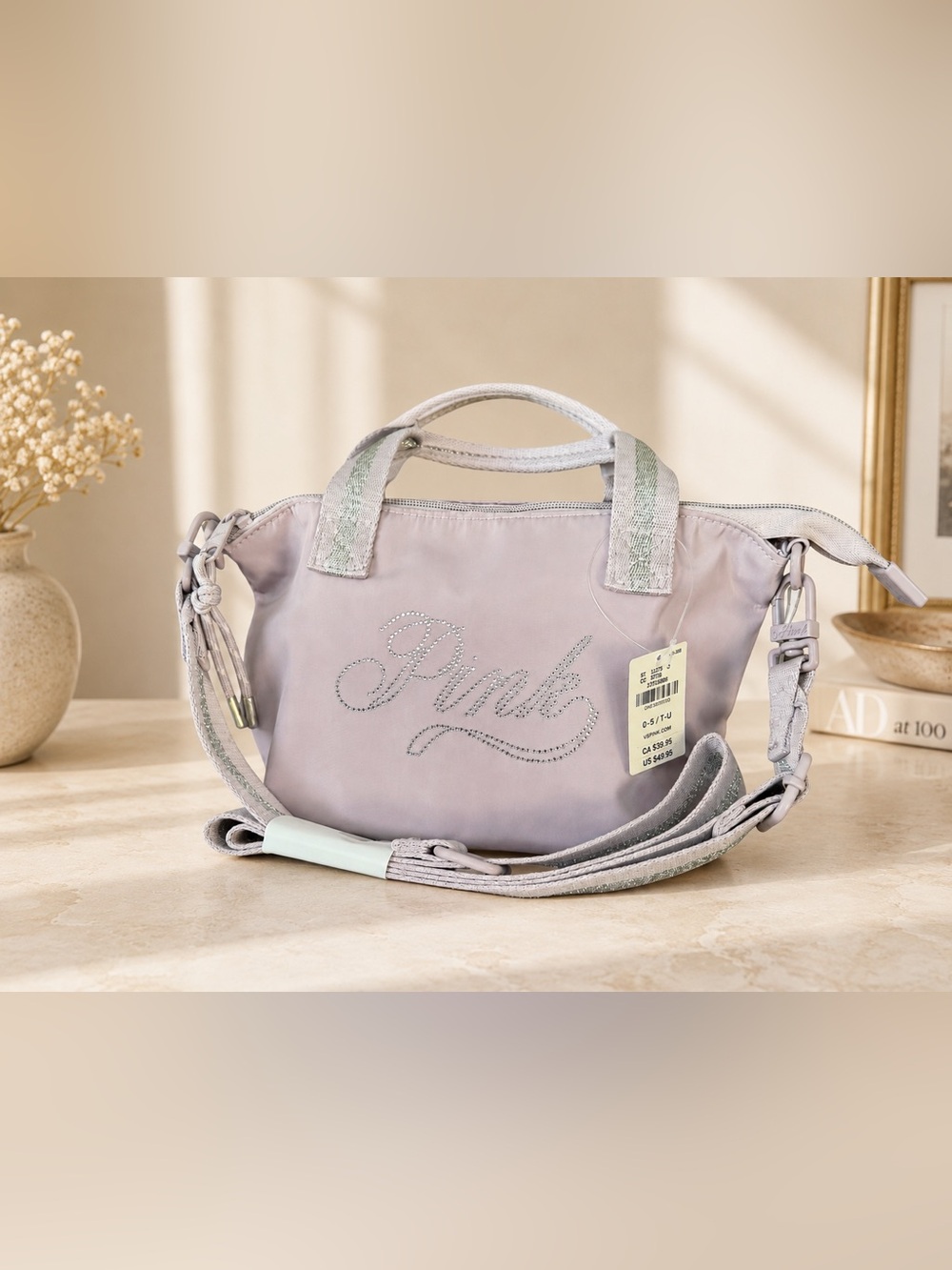 Victoria's Secret PINK Mini Crossbody Nylon Tote Bag Dusty Lilac Diamanté